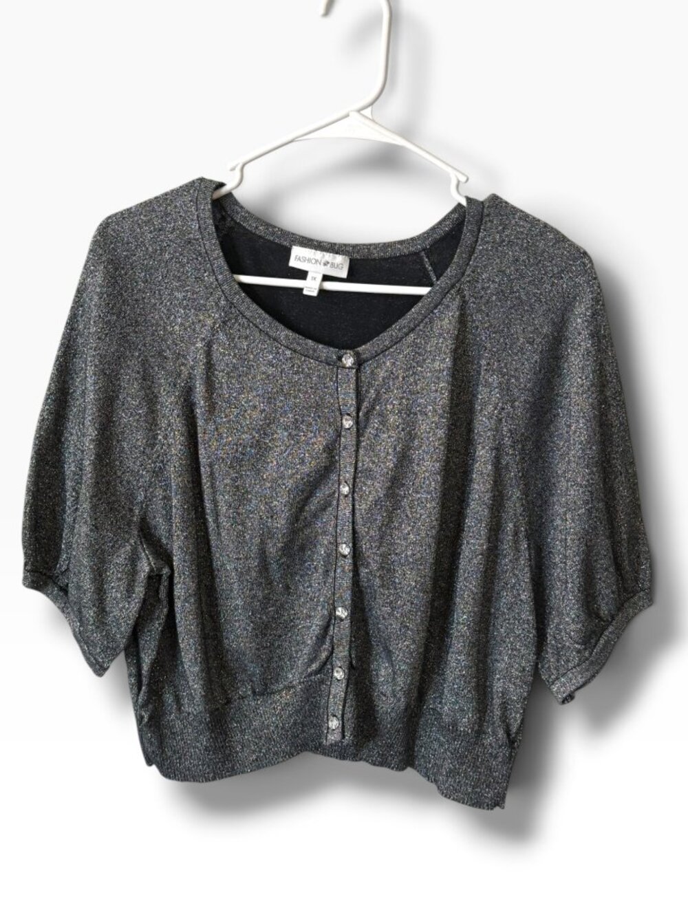 Fashion Bug Women’s 1X Metallic Charcoal Button-Front Short Sleeve Cardigan